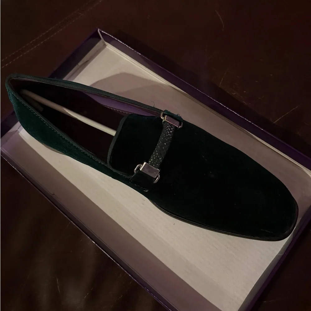 Men's Emerald Green Velvet Loafers with Gold Accent